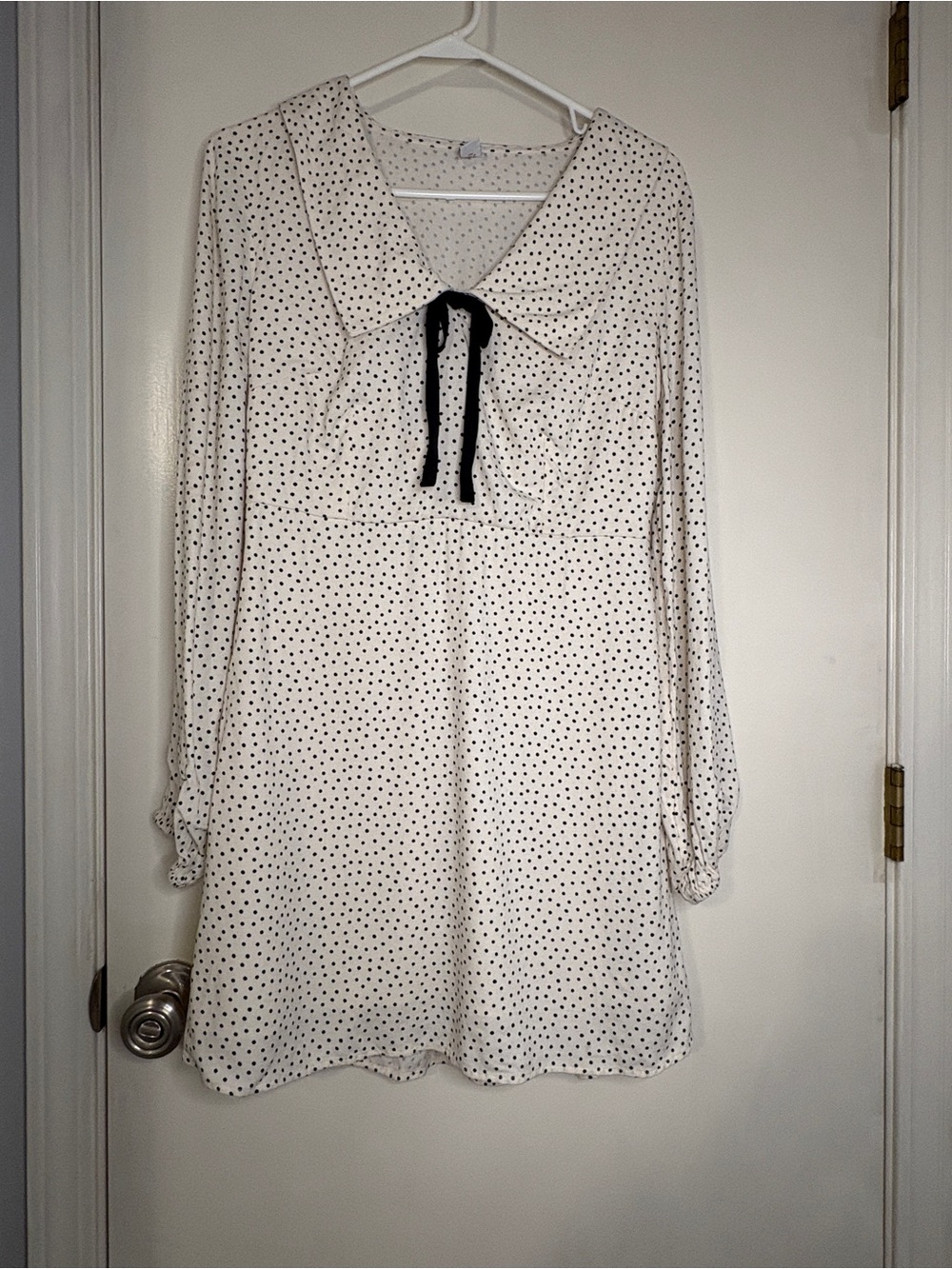Polka Dot Long Sleeve Mini Dress with Tie Collar - White/Black